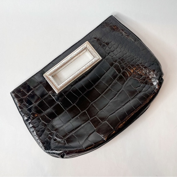 Vintage Brighton Croc Embossed Black Leather Magnetic Close Clutch - Picture 3 of 15